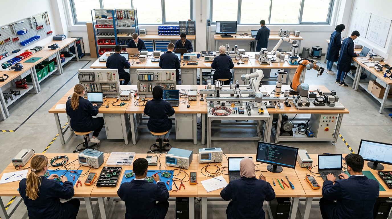 Students working with electronics and robotic equipment in a training laboratory
