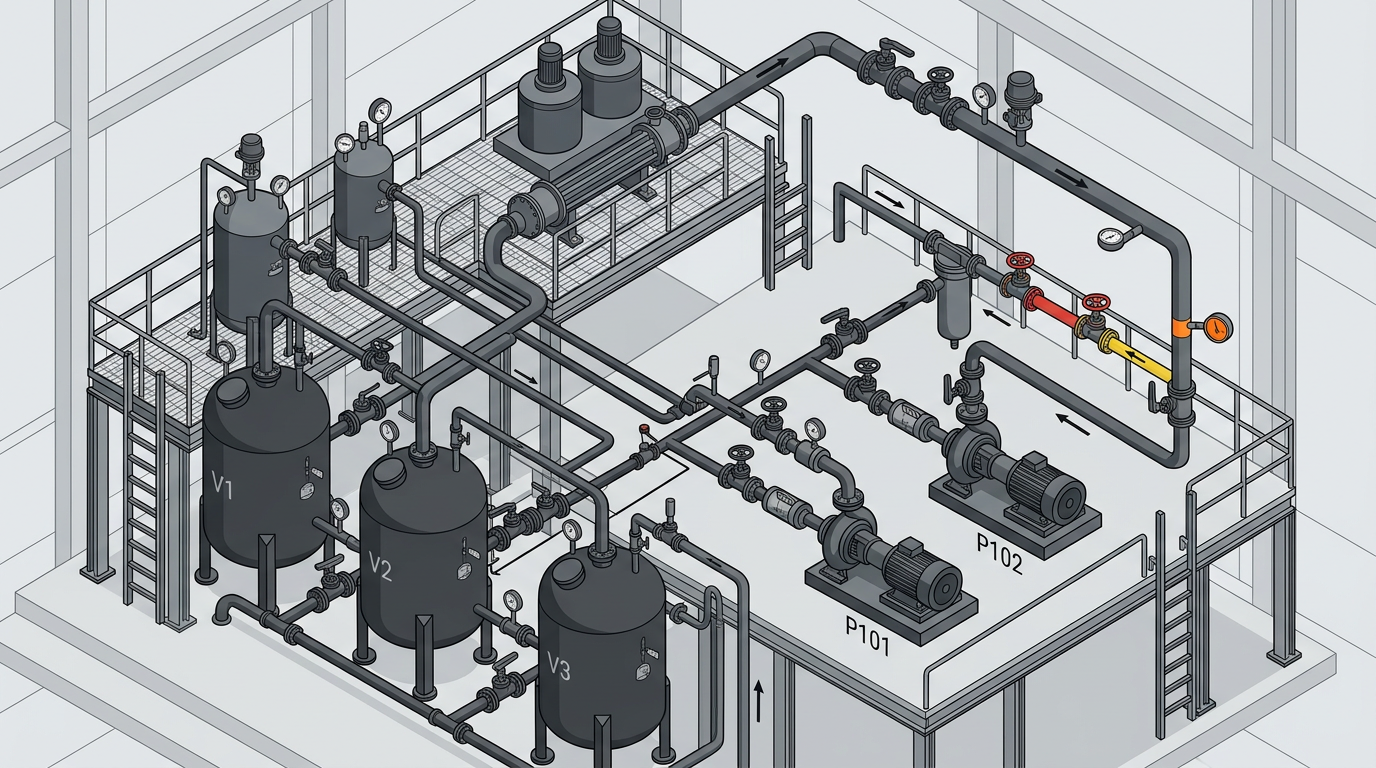 Isometric industrial piping system with vessels V1–V3 and pumps P101–P102